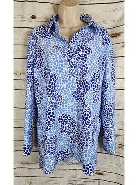 Jude Connally Blue Mosaic Tile Collared Top L Nylon Blend Long Sleeves Womens